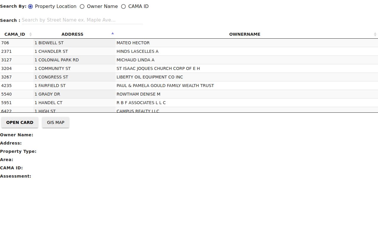 East Hartford residents directory Assessor search with property location, owner name, and CAMA ID