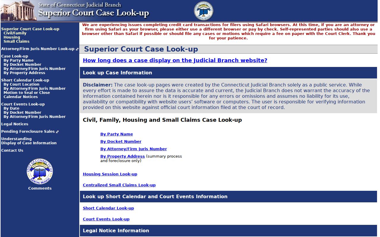 East Hartford residents directory Civil Inquiry tabs for party, docket, and property searches