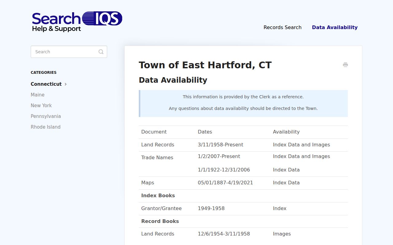 East Hartford previous residents deed research through SearchIQS coverage