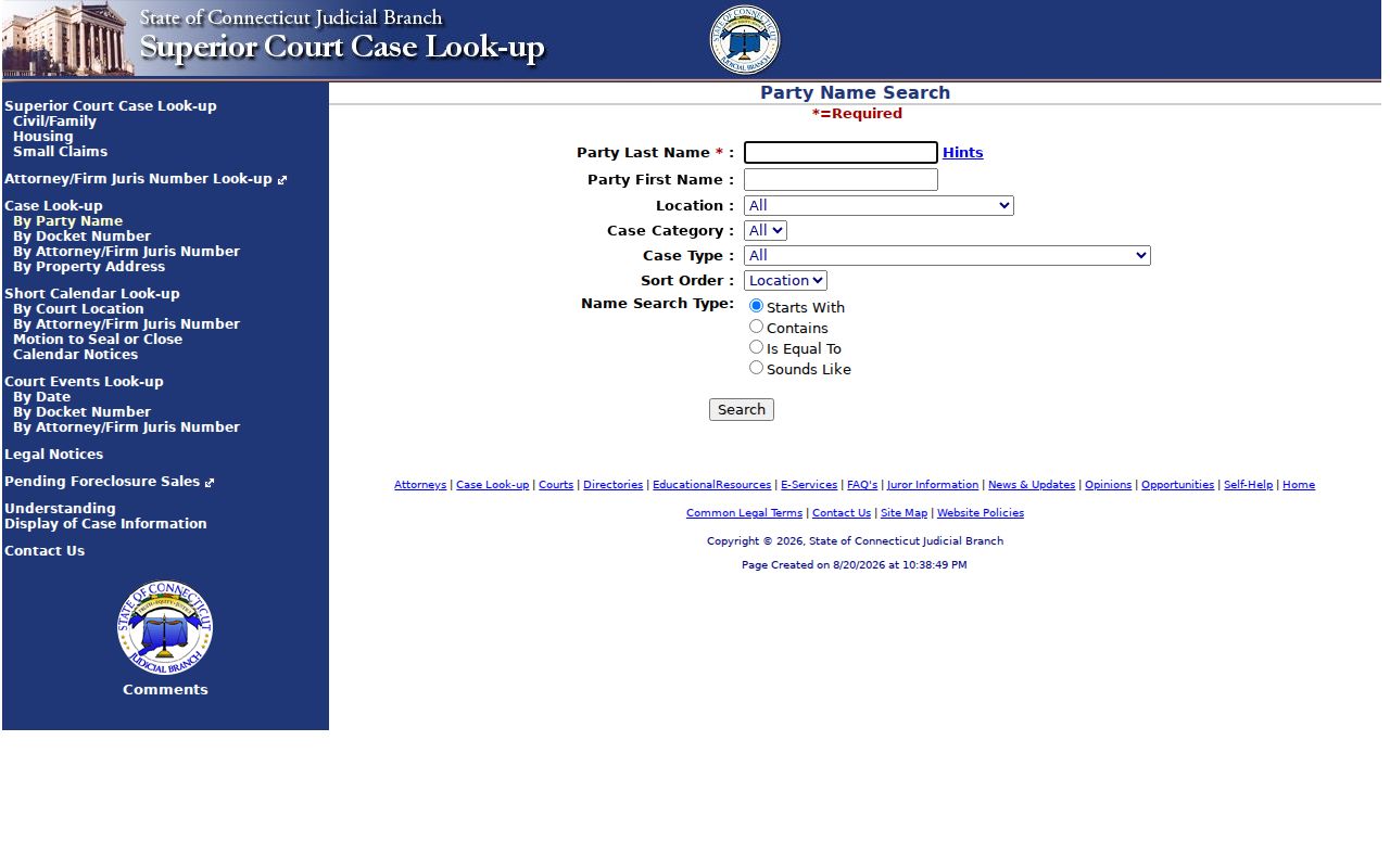 East Hartford resident lookup Connecticut Civil Inquiry party search fields